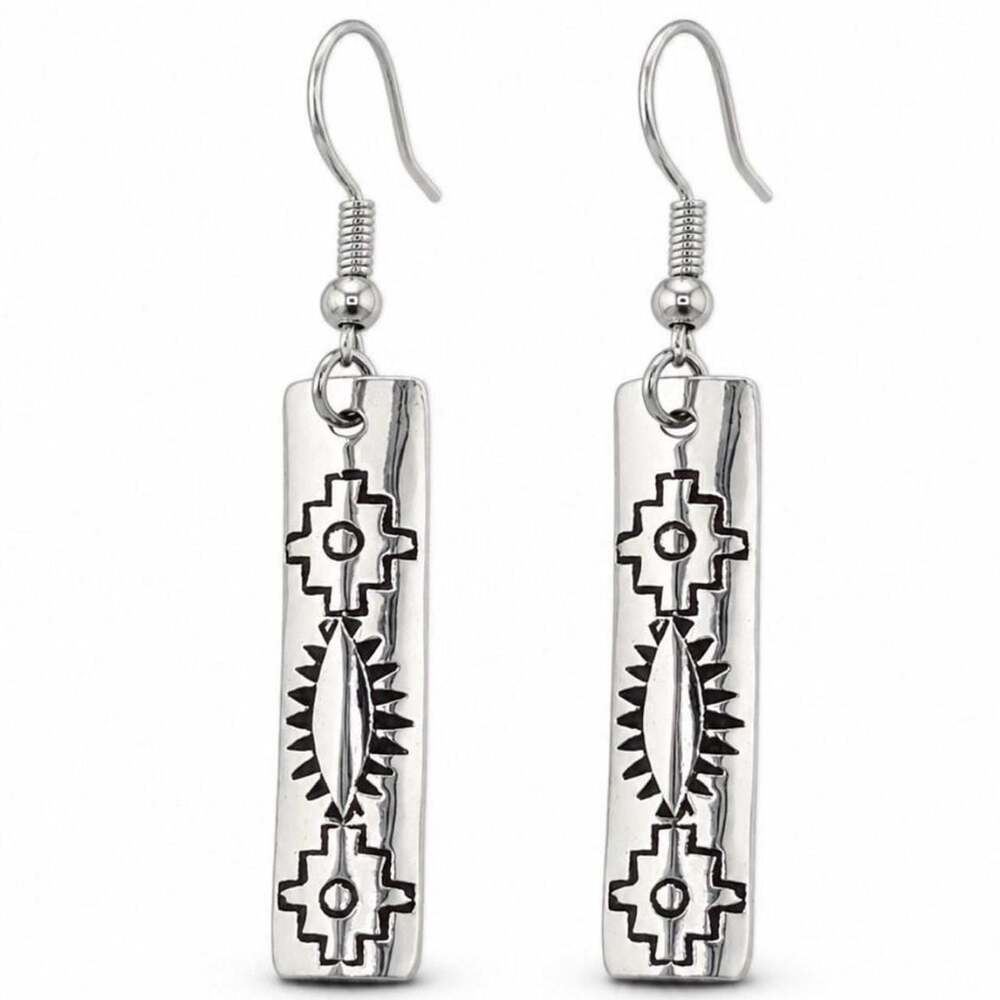 Native American Sterling Silver Geometric Stamped Dangle Earrings